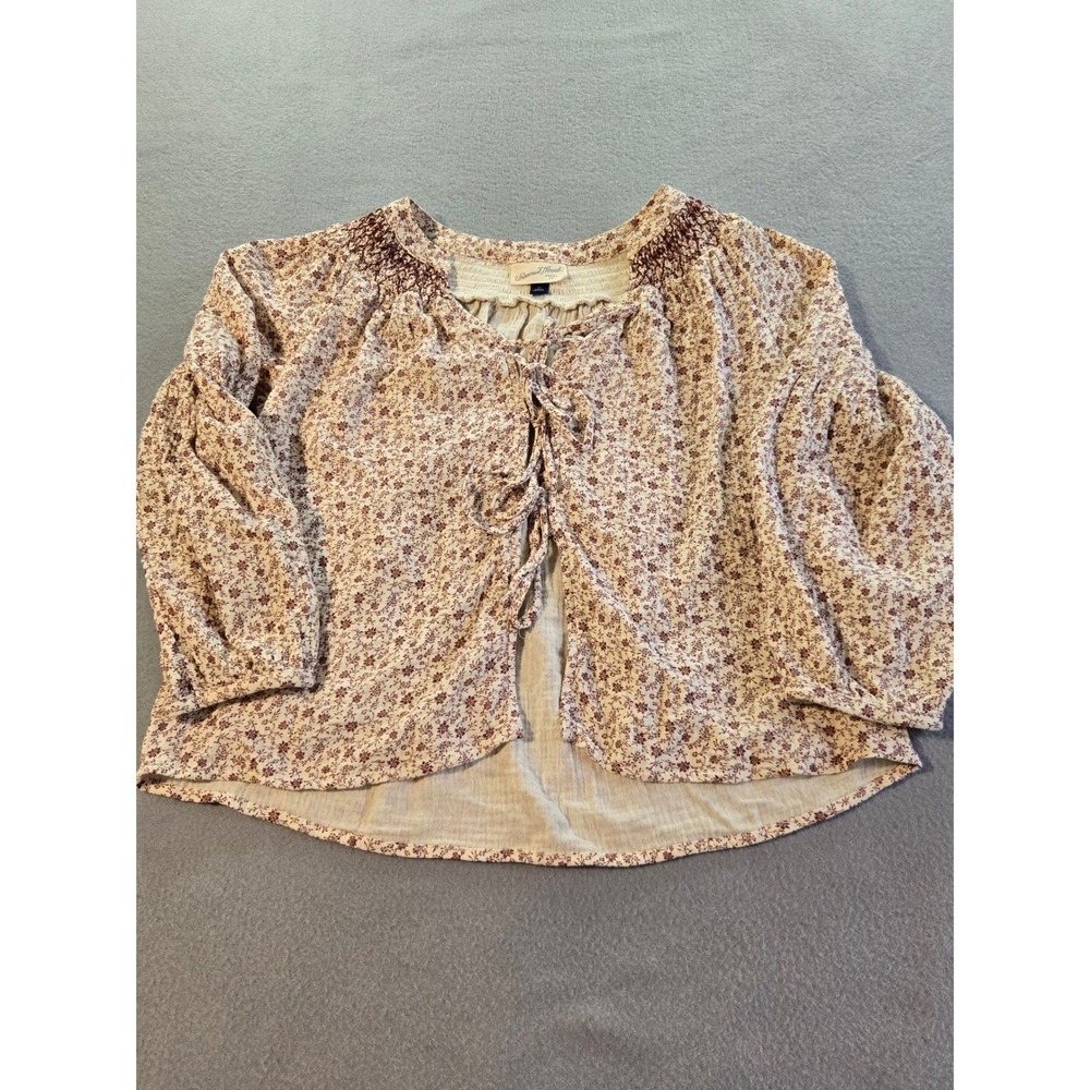 Universal Thread Floral Peasant Blouse Womens XS Cream Burgundy Boho Tie Front